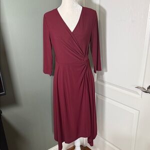 Perceptions New York Burgundy Faux Wrap Midi Dress Size M Asymmetrical Hem